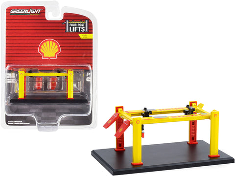 Adjustable Four-Post Lift \"Shell Oil\" Yellow \"Four-Post Lifts\" Series 1 1/64 Diecast Model by Greenlight