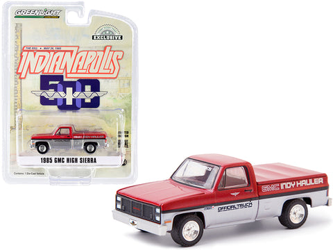 1985 GMC High Sierra Pickup Official Truck with Bed Cover Red Metallic and Silver \"69th Annual Indianapolis 500 Mile Race\" GMC Indy Hauler \"Hobby Exclusive\" 1/64 Diecast Model Car by Gree