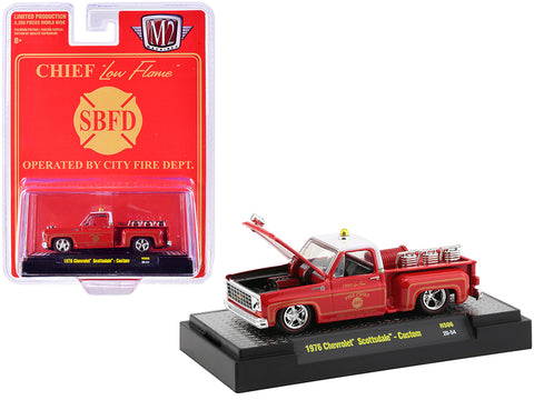 1976 Chevrolet Scottsdale Custom Square Body Fire Truck Red Fire Chief \"Low Flame\" \"SBFD Operated by City Fire Department\" Limited Edition to 8250 pieces Worldwide 1/64 Diecast Model Car